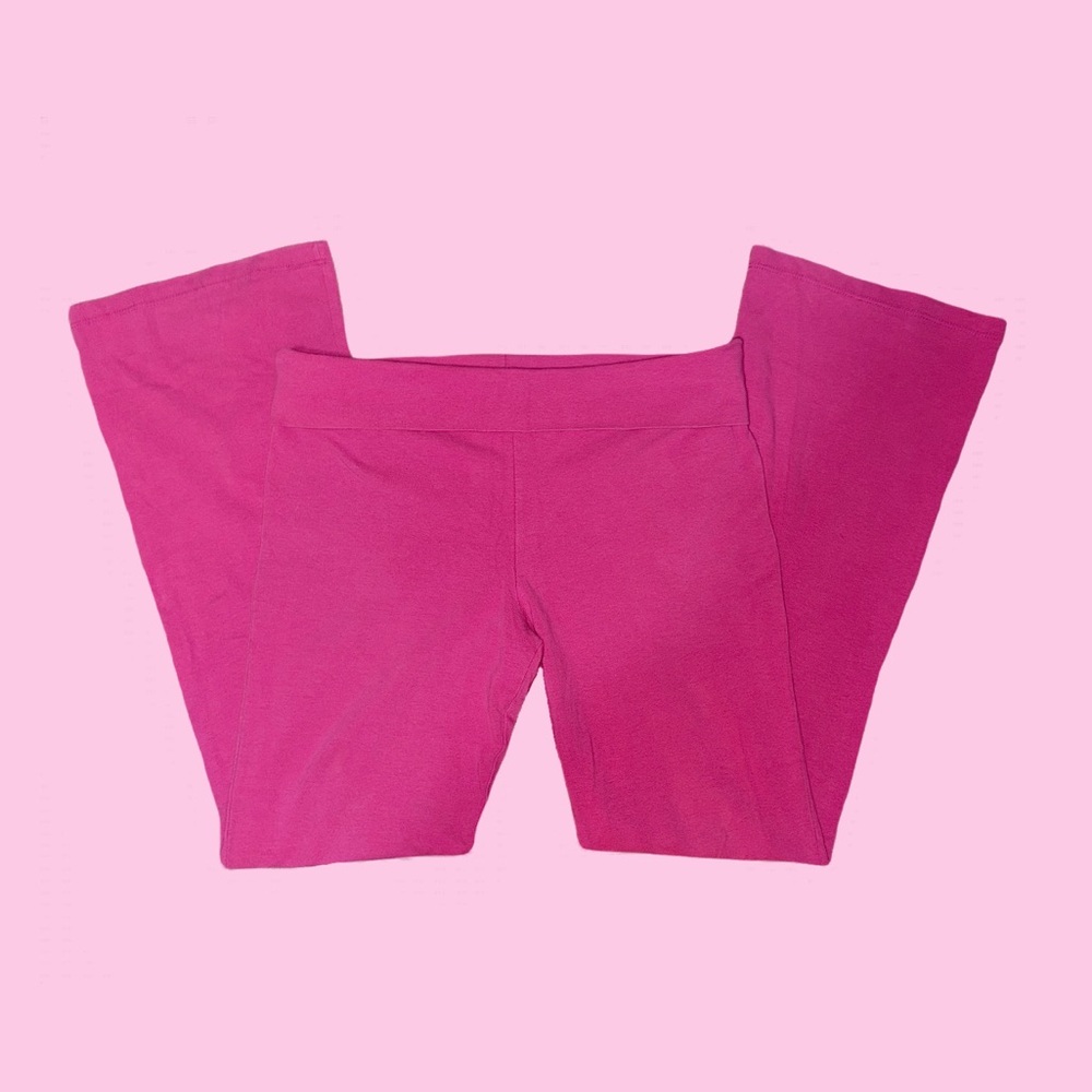 DANSKIN MAGENTA FUCHSIA FOLD OVER MID LOW RISE FLARE PANTS SWEATPANTS LEGGINGS
